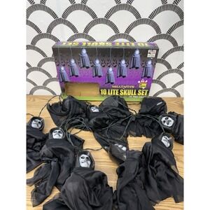 VTG Grim Reaper Figures Skull String Lights Black Capes Halloween 10 Lite Set